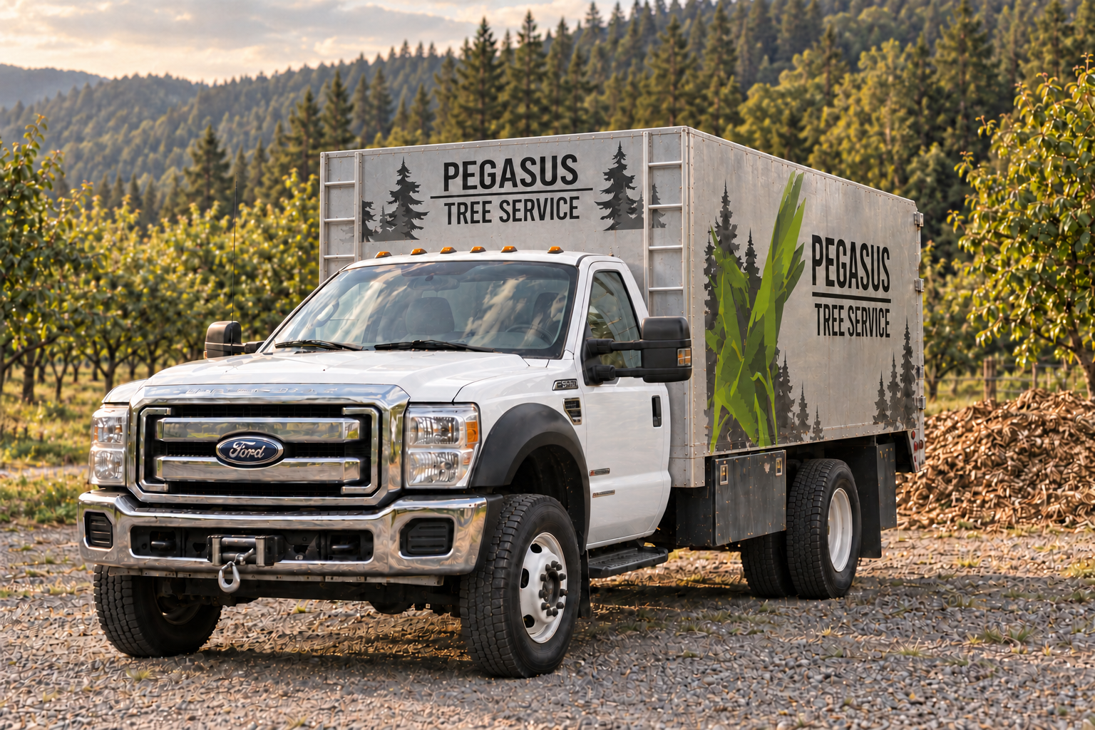 Illustrative arborist chip truck at a wood-chip drop site